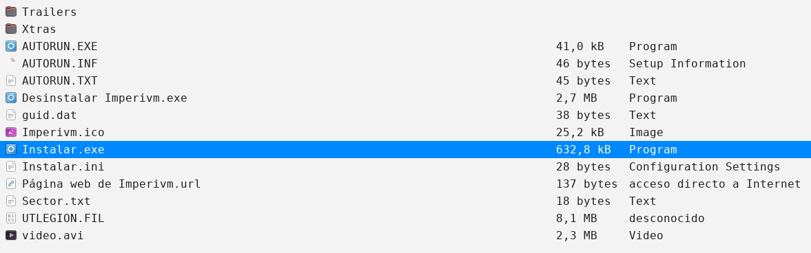 Contenido del disco de Imperivm con Instalar.exe seleccionado
